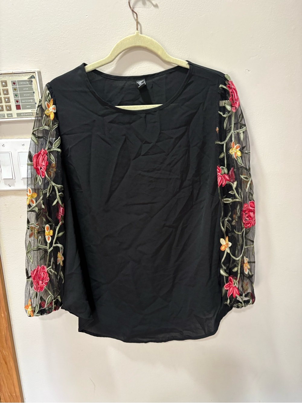 SHEIN Black Blouse with Floral Embroidered Sheer Sleeves